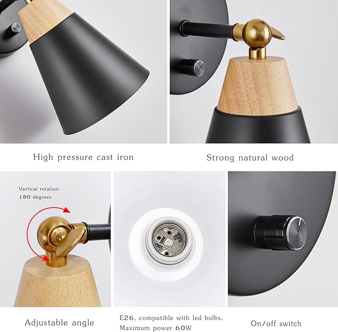 Wall Sconce Set of 2, Wall Sconce Lighting Fixture with Metal Shade, Rotary Switch, Indoor Decor Wall Mount Swing Arm Lamp for Bedroom,Hallway,Living Room,Reading, Black