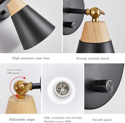 Wall Sconce Lighting Fixture with Metal Shade, On/Off Switch, Indoor Decor Wall Mount Swing Arm Lamp for Bedroom,Hallway,Living Room,Reading, Black