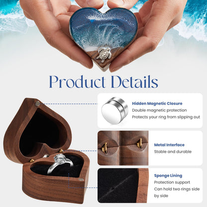 SAMAH Ocean Resin Heart Engagement Ring Box, Personalized Walnut Wooden Ring Box, Ring Display Box for Proposal, Wedding, Anniversary, Valentine's Day, Christmas, Birthday Gifts for Women