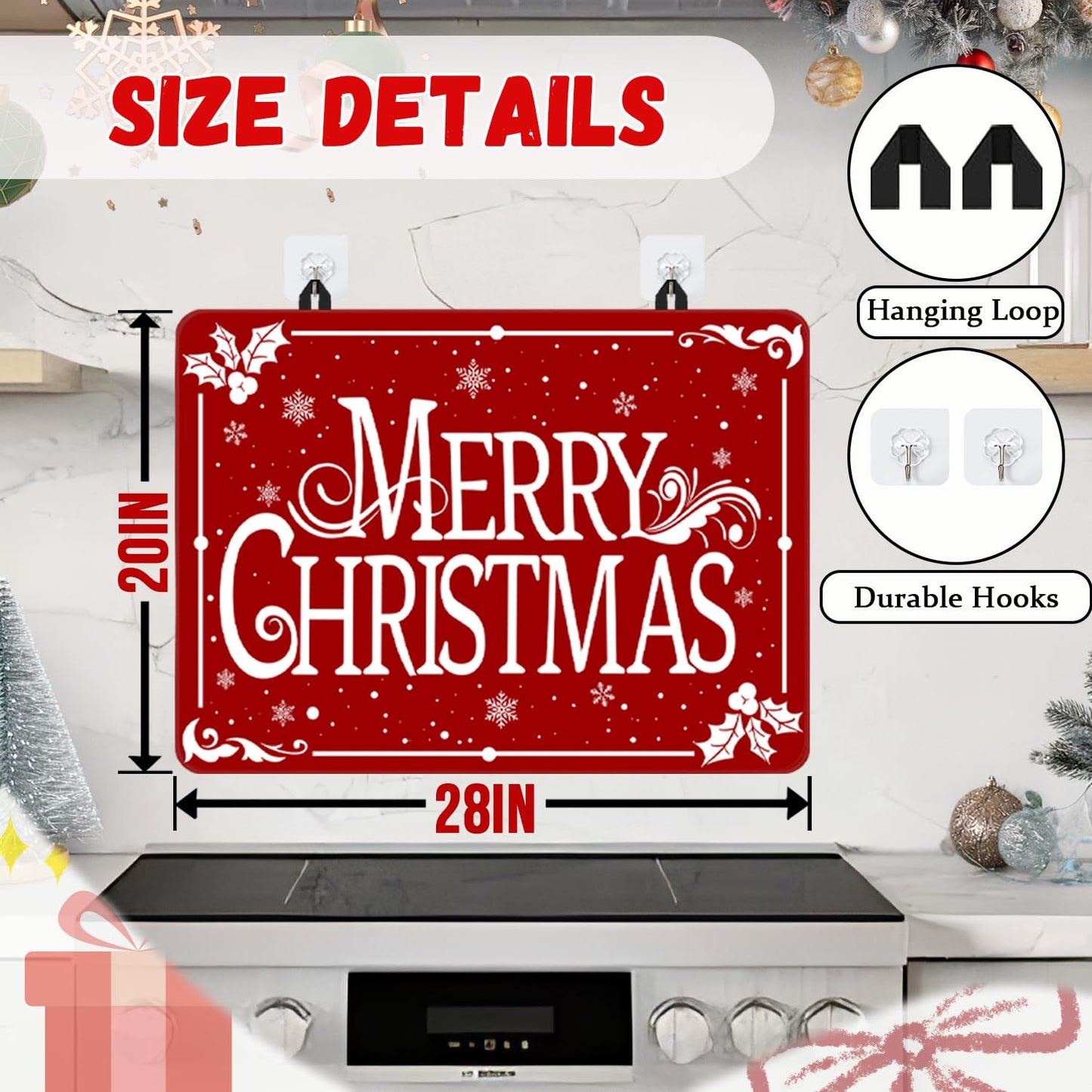 Christmas Stove Top Cover for Electric Stove, Merry Christmas Range Covers, Snowflake Range Top Mats, Glass Cooktop Covers 28x20 inch, Red Cooktop Cover for Kitchen Winter Holiday Home Decor