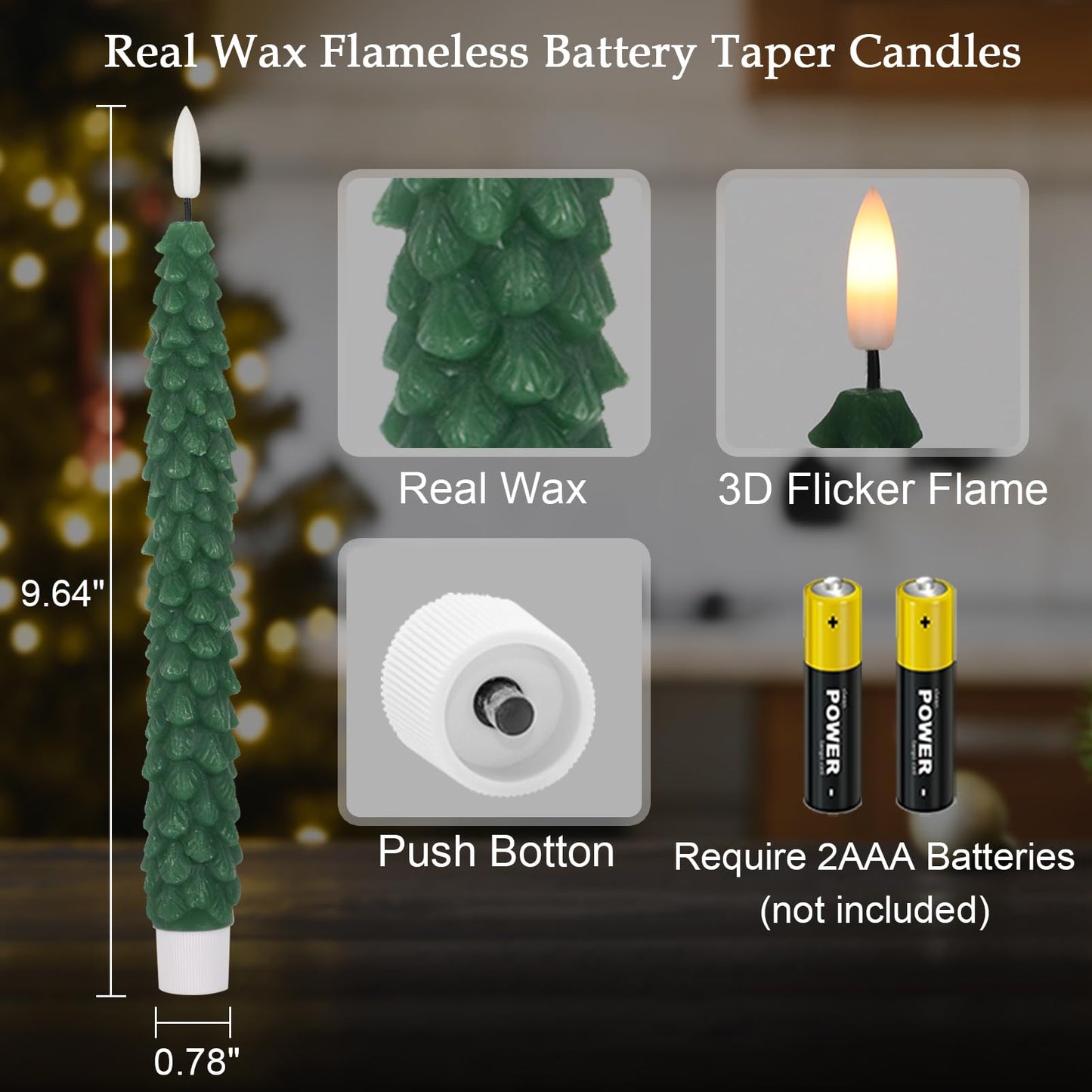 KunSwenn Christmas Tree Candles Battery Operated, 4 Pack Christmas Taper Candles with Remote Timer, Green Real Wax LED Flameless Candlesticks for Home Window Fireplace Holiday Decor(0.78” x 9.64”)