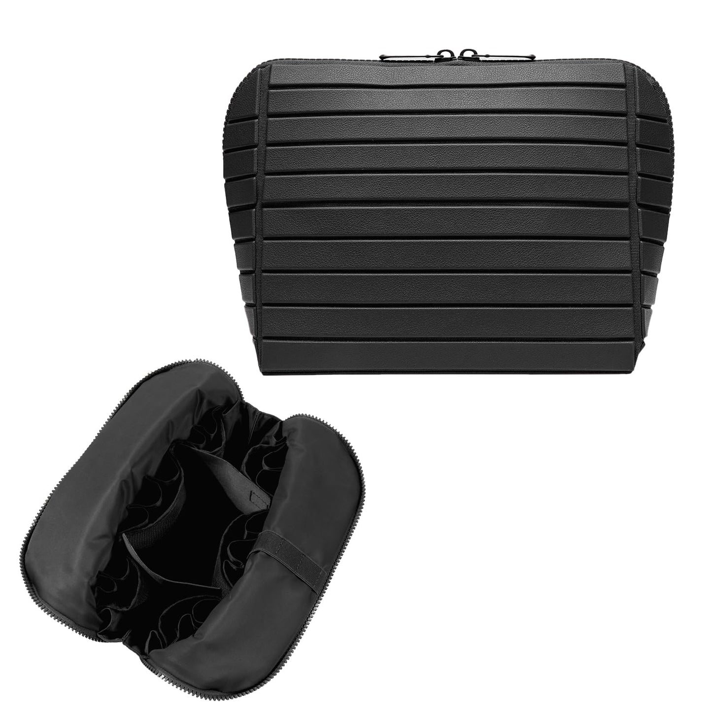 Travel Makeup Organizer Bag with Fold-Down Design and Adjustable Dividers, 27 Pockets & 3 Brush Storage Holders, Large Capacity Cosmetic Bags Toiletry Case- Black
