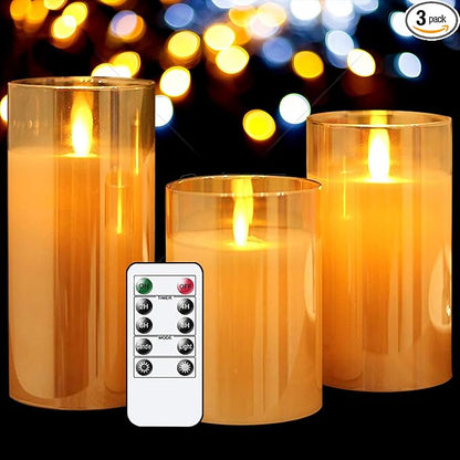GenSwin Glass Flameless Candles Battery Operated with Remote Timer, (Gold, Pack of 3)