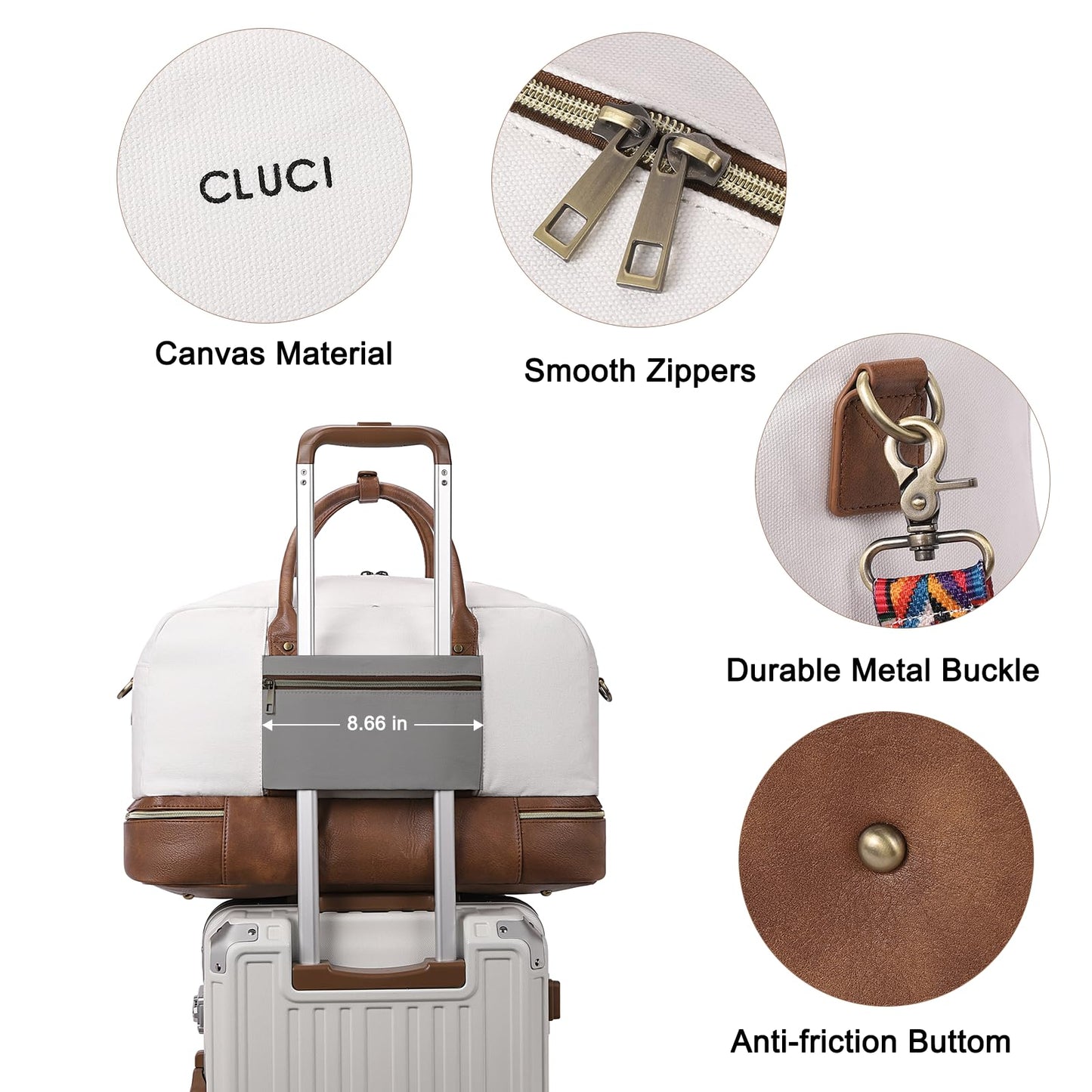 CLUCI Duffle Bag Weekender Bags for Women Canvas Anti Theft Travel Bag for Women Overnight Tote Carry On Bags with Shoe Compartment White with Brown