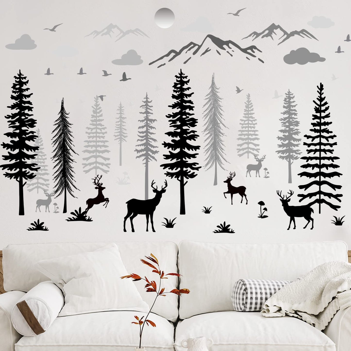 Teling 8 Pieces Winter Snowflake Wall Decals Stickers Dreamy Nursery Forest Woodland Trees Deer Pine Tree Wall Decals for Kids Room Winter Decor(Black, White, Gray)