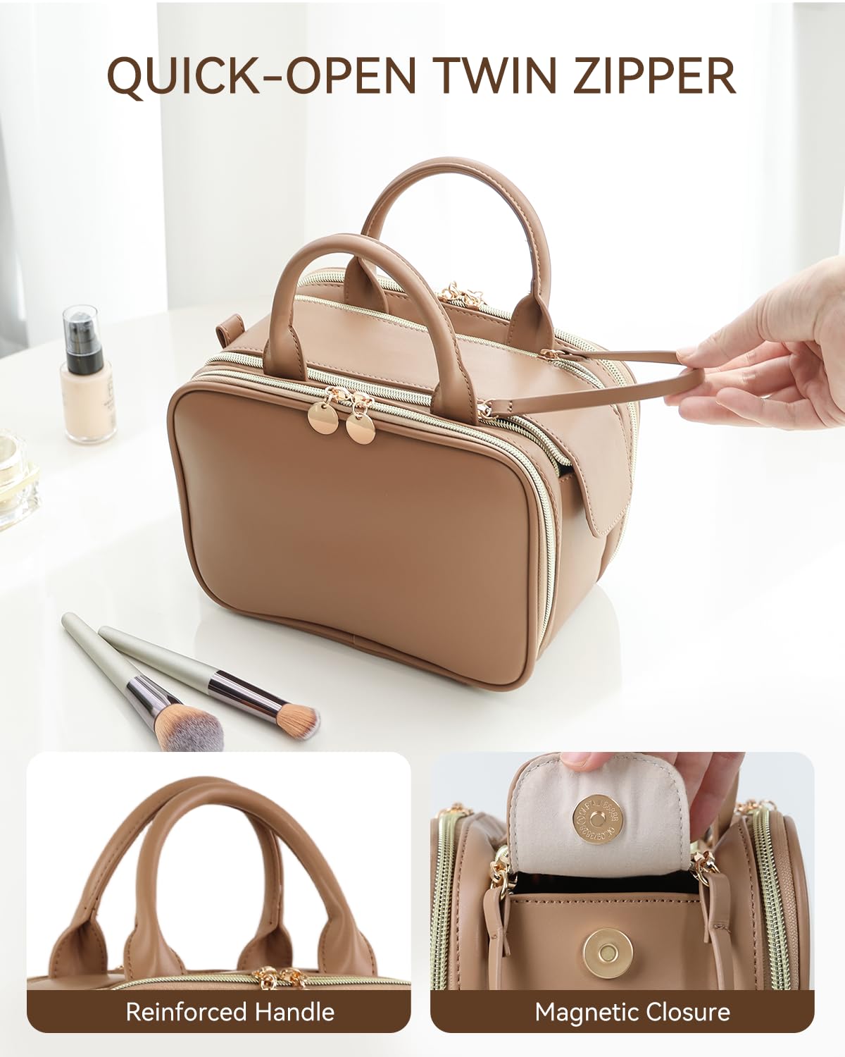 Prite Makeup Bag for Women, Large Capacity Waterproof Travel Cosmetic Organizer, Portable Open Flat Toiletry Bag with Free-standing Brush Holder and Handle(Brown Medium)