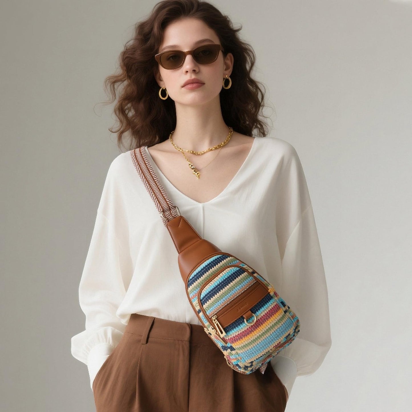 cakang 7L Straw Crossbody Bags for Women - Fashion Sling Chest Bag with Rainbow Woven Design, Lightweight Fanny Pack Travel Leather Shoulder Bag (Brown)