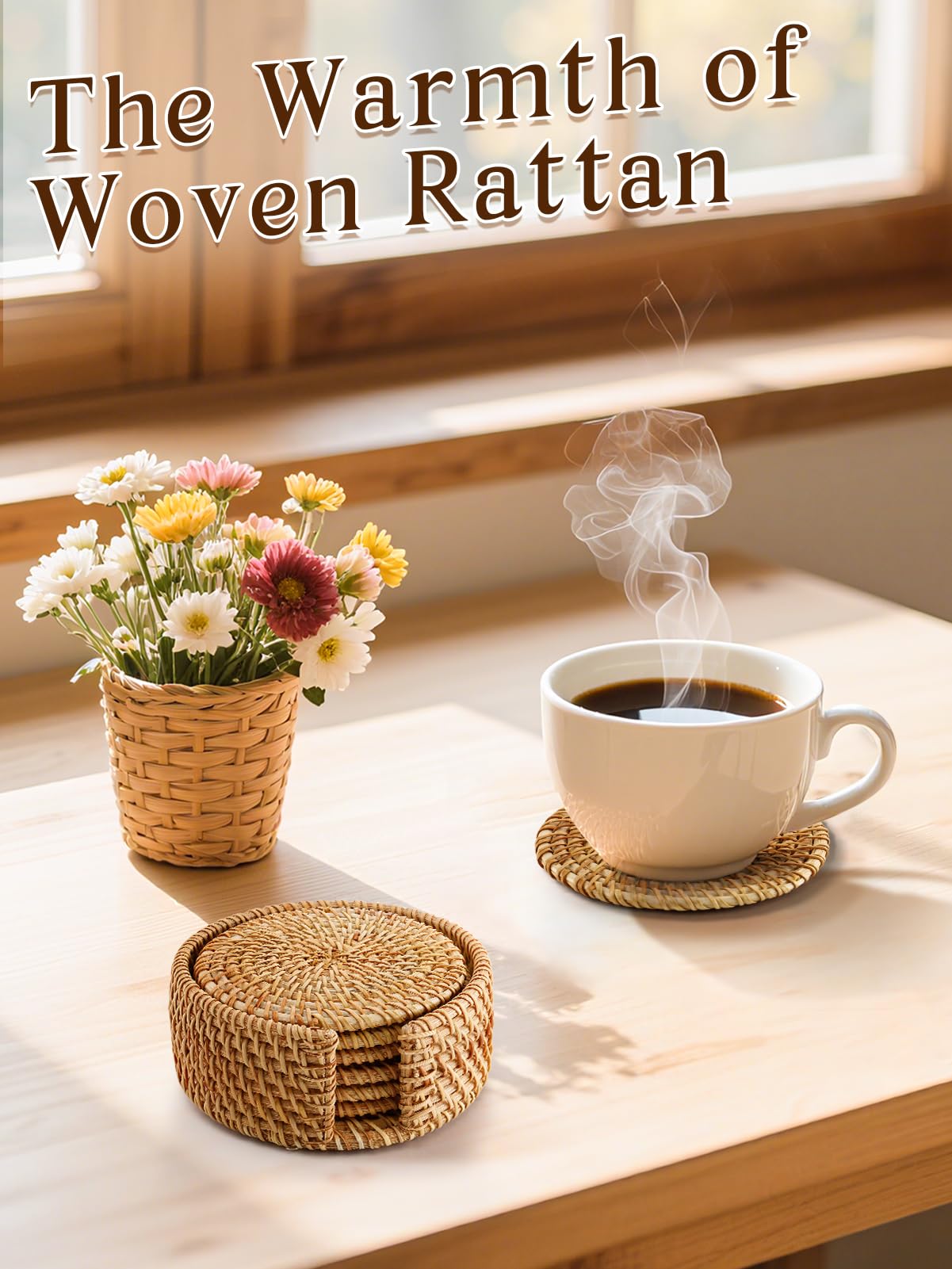 6pcs Natural Handmade Rattan Coasters with Holder - Wicker Drink Coasters Set, Housewarming Gifts Boho Summer Home Coastal Decor