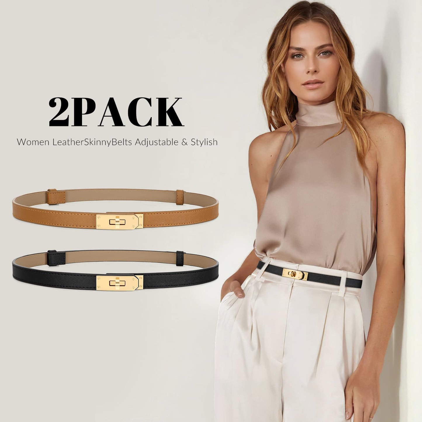 Women Skinny Leather Belt for Dresses Jeans Coats Solid Color Alloy Turn Lock 2 Pack Adjustable Thin Waistband