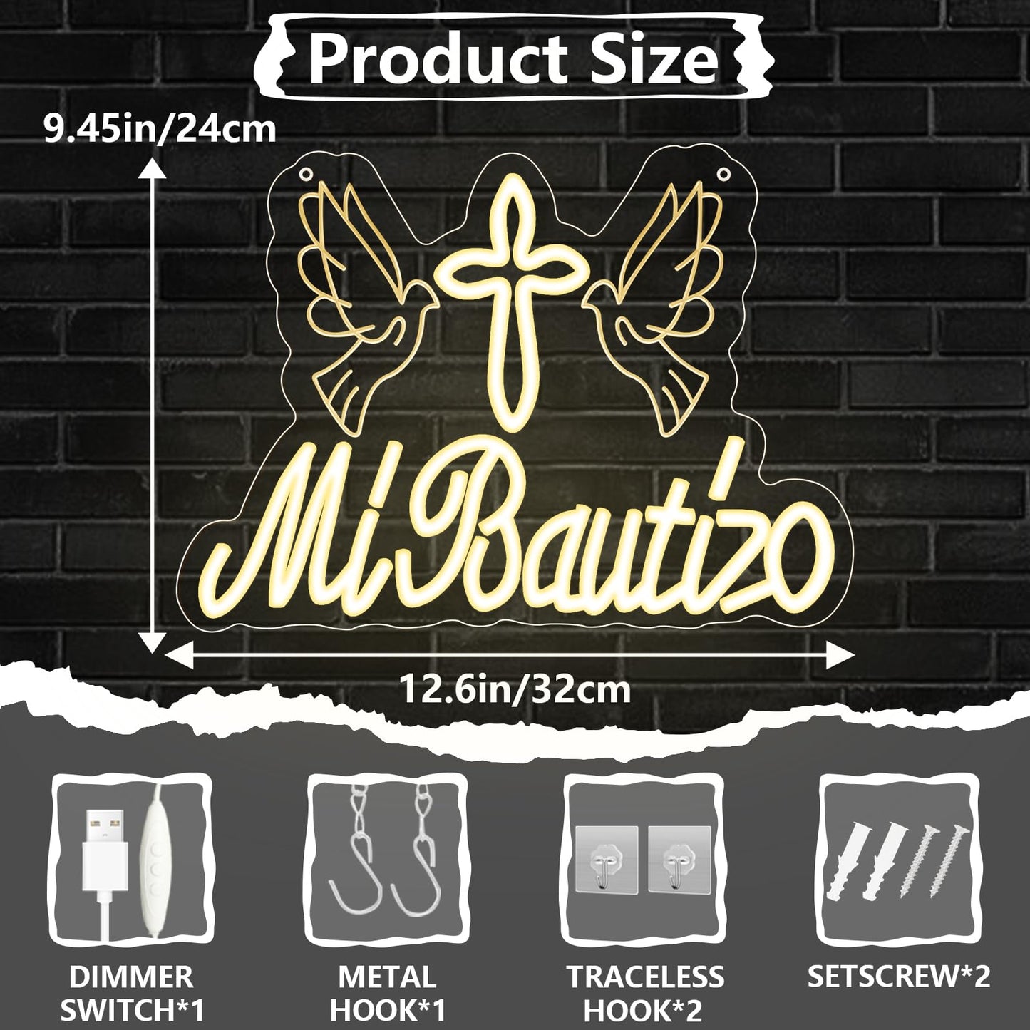Mi Bautizo Neon Sign for Baptism Decorations, Led USB Signs for First Birthday Cross Baby Shower Bedroom Kids Room Party Backdrop Decor Gifts