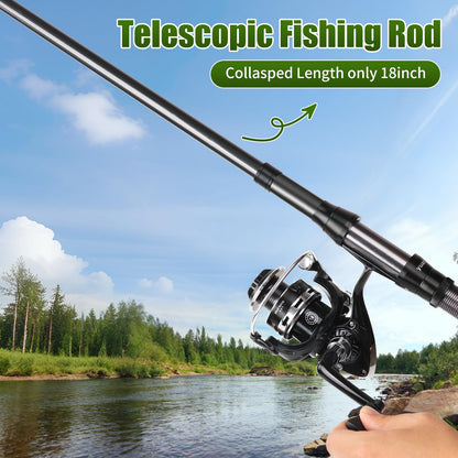 Fishing Rod Reel Combo - 2PCS 6.89ft Telescopic Fishing Poles 2PCS Spinning Reels Lures Set Fishing Pliers with Carrier Bag for Travel Saltwater Freshwater Gift Portable Fishing Pole Kit (Black 1)