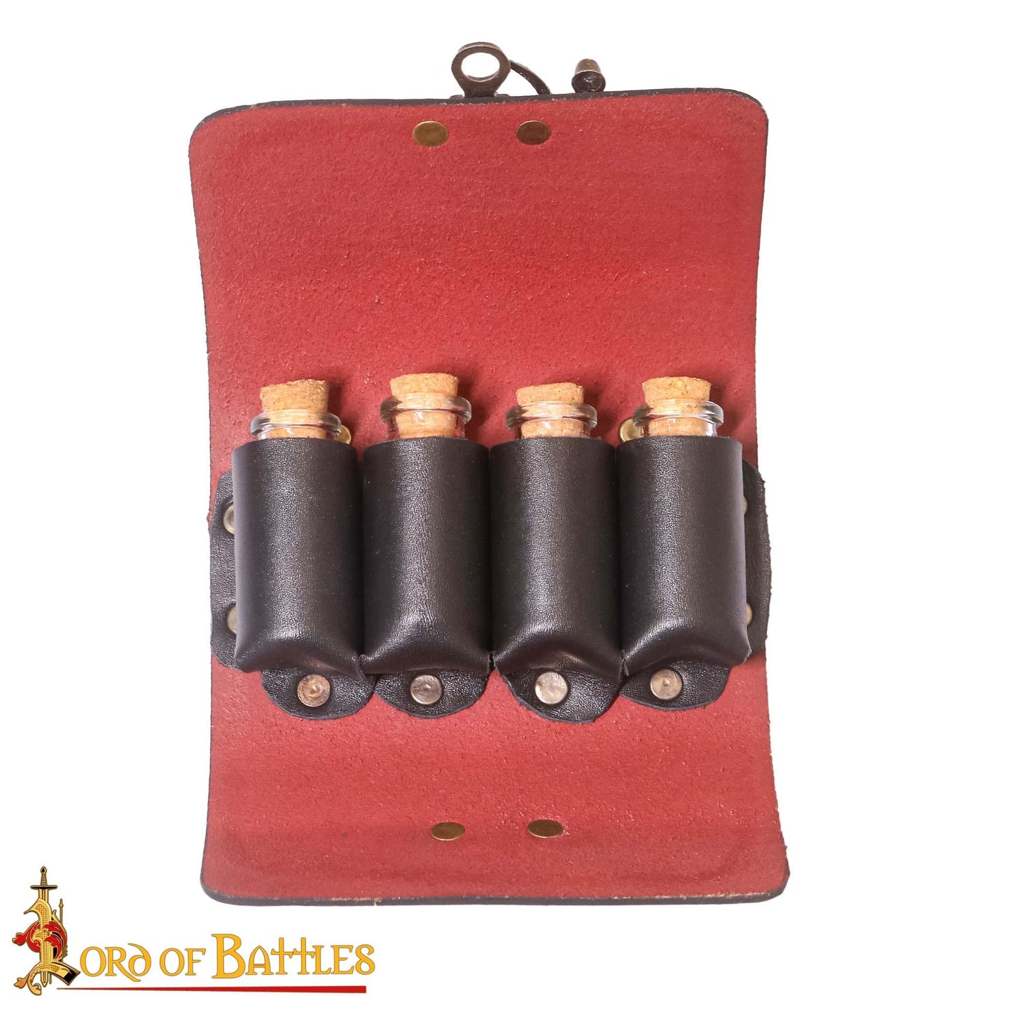 Lord of Battles Medieval Alchemy Buff Leather Belt Bag with 4 Mini Glass Bottles | The Elfic Potion Vintage Belt Waist Pouch Side Pack for Ren Faire, Cosplay (Maroon)