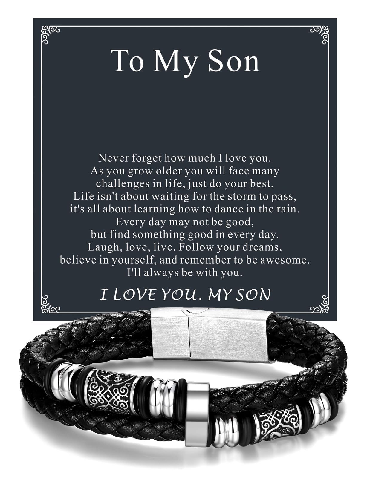 ChainsPro Leather Bracelet Gifts for Men,Black Braided Bracelets Stainless Steel Celtic & Compass Bracelets Leather,Ideas Jewelry Gifts for Anniversary Christmas Father's Day Birthday Valentines Engraved with To My Son 8.26 inches