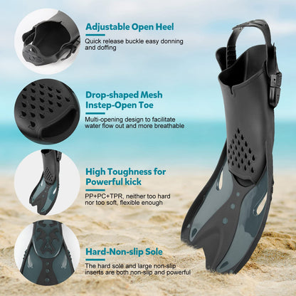 KUYOU Mask Fins Snorkeling Gear for Adults - Wide View Anti-Fog Mask, Full Dry Top Snorkel Gear Set (Dark Celadon, L/XL)