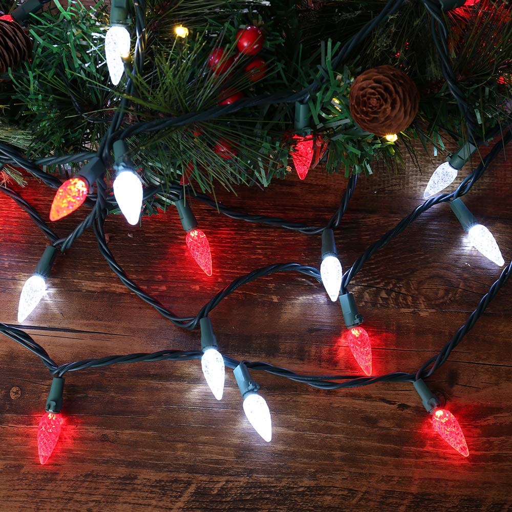 Brizled Red & White C5 Christmas Lights, 33ft 100 LED Christmas Tree Lights, Connectable 120V UL Certified Faceted Xmas Light Outdoor Indoor Xmas Lighting for Christmas Tree Party Roof Decoration