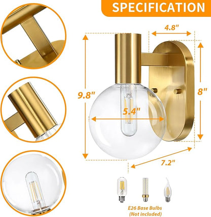 Indoor Outdoor Wall Light Fixture, Golden Bathroom Vanity Light, Bathroom Wall Light Fixture Over Mirror, Modern Brass Wall Sconce with Globe Glass for Hallway, Bedroom
