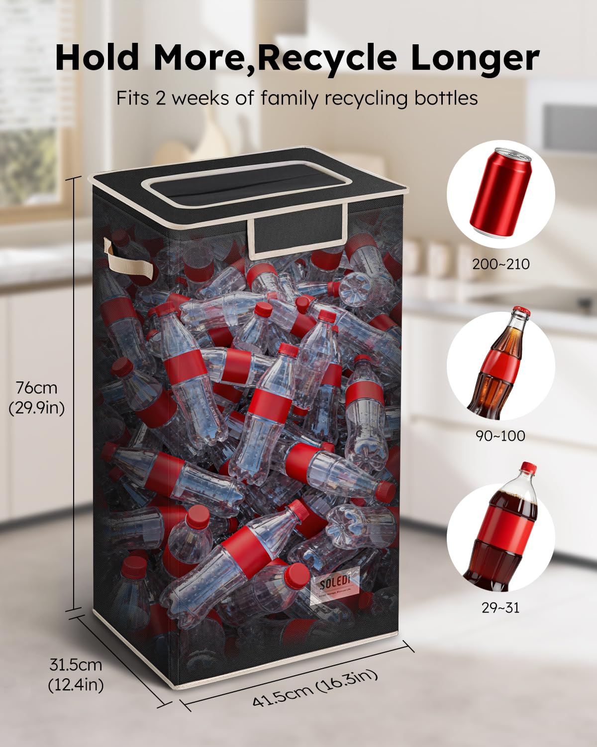 SOLEDI Recycle Bins for Kitchen,26 Gallon Recycling Bin with Lid and 2 Removeable Reusable Inner Bags,Indoor Recycling Trash Can for Collector of Bottles Cans, and Plastic,Black