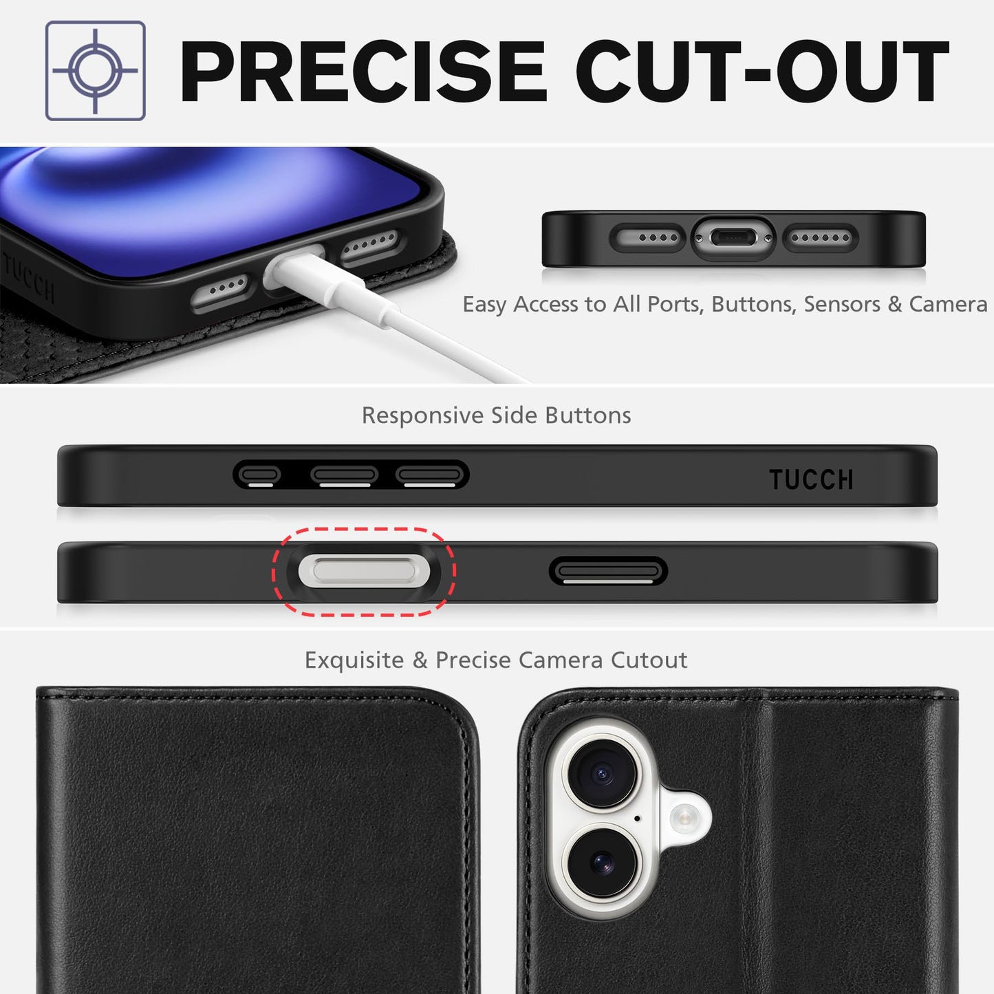 TUCCH Case Wallet for iPhone 16 Plus, [3 Card Holder Slots] Folio PU Leather Cover, [RFID Blocking] Stand Flip TPU Shockproof Interior Case Compatible with iPhone 16 Plus, Black