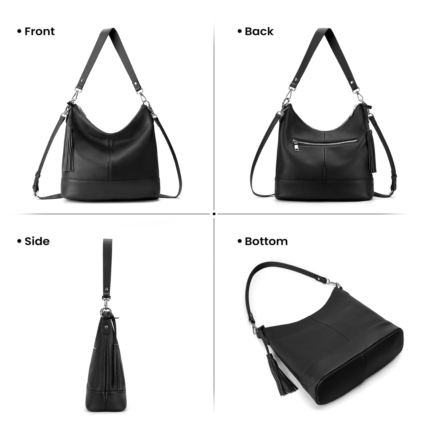 befen Genuine Leather Hobo Bags for Women, Black Crossbody Bags for Women Large Leather Purses, Women's Shoulder Handbags with 2 Removable Strap, Slouchy Bucket Purse With Zipper Pocket for Everyday