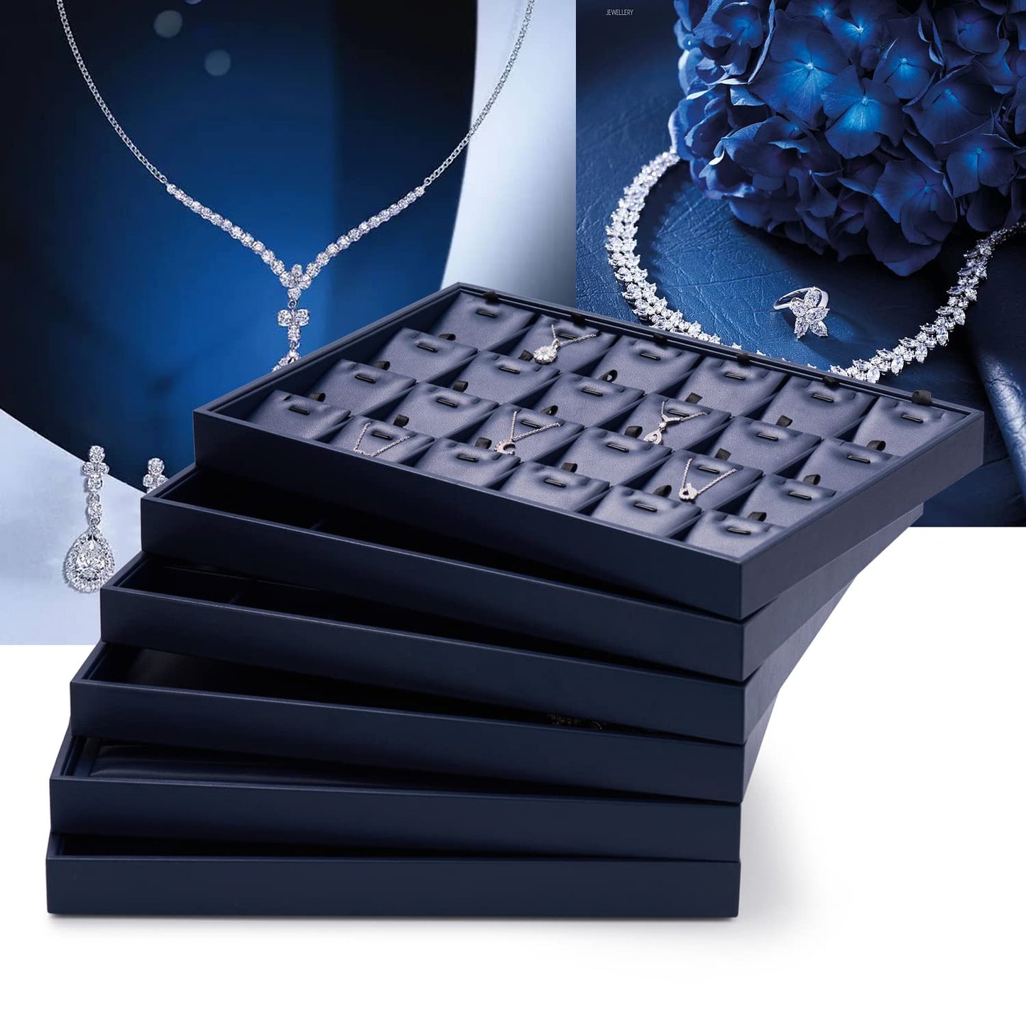Oirlv Stackable Necklace Pendant Bracelet Organizer Tray Blue Leather Jewelry Drawer Organizer Trays