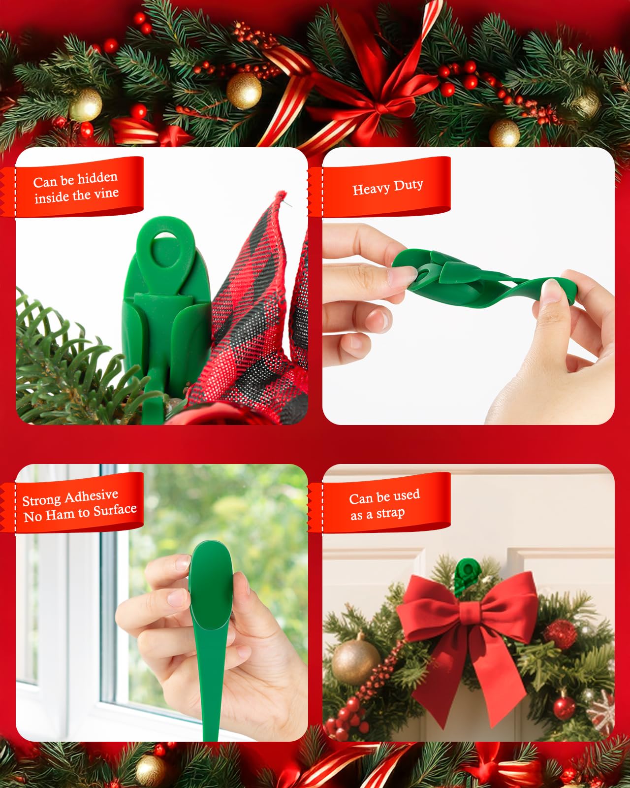 Duseu 20 Pcs Christmas Garland Ties, Garland Hangers for Mantle, Fireplace Stocking and Wreath Hanger Hooks Silicone Adhesive Straps Holder for Door Frame