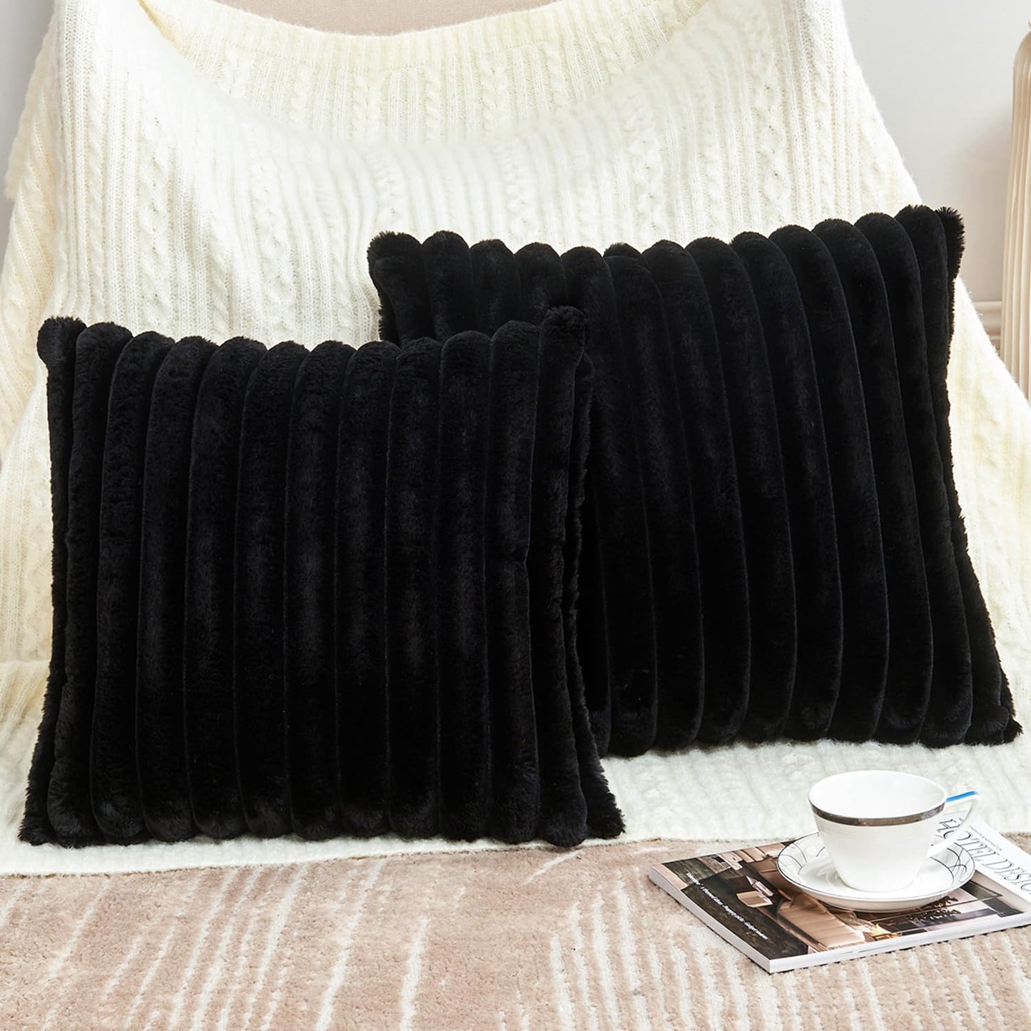 GriNeed Throw Pillow Covers Decorative Faux Fur Set of 2 18x18 Inch Pillow Covers, Soft Black Striped Pillowcases for Couch Sofa Bed Living Room, Fluffy Cute Home Boho Accent Fuzzy Decor