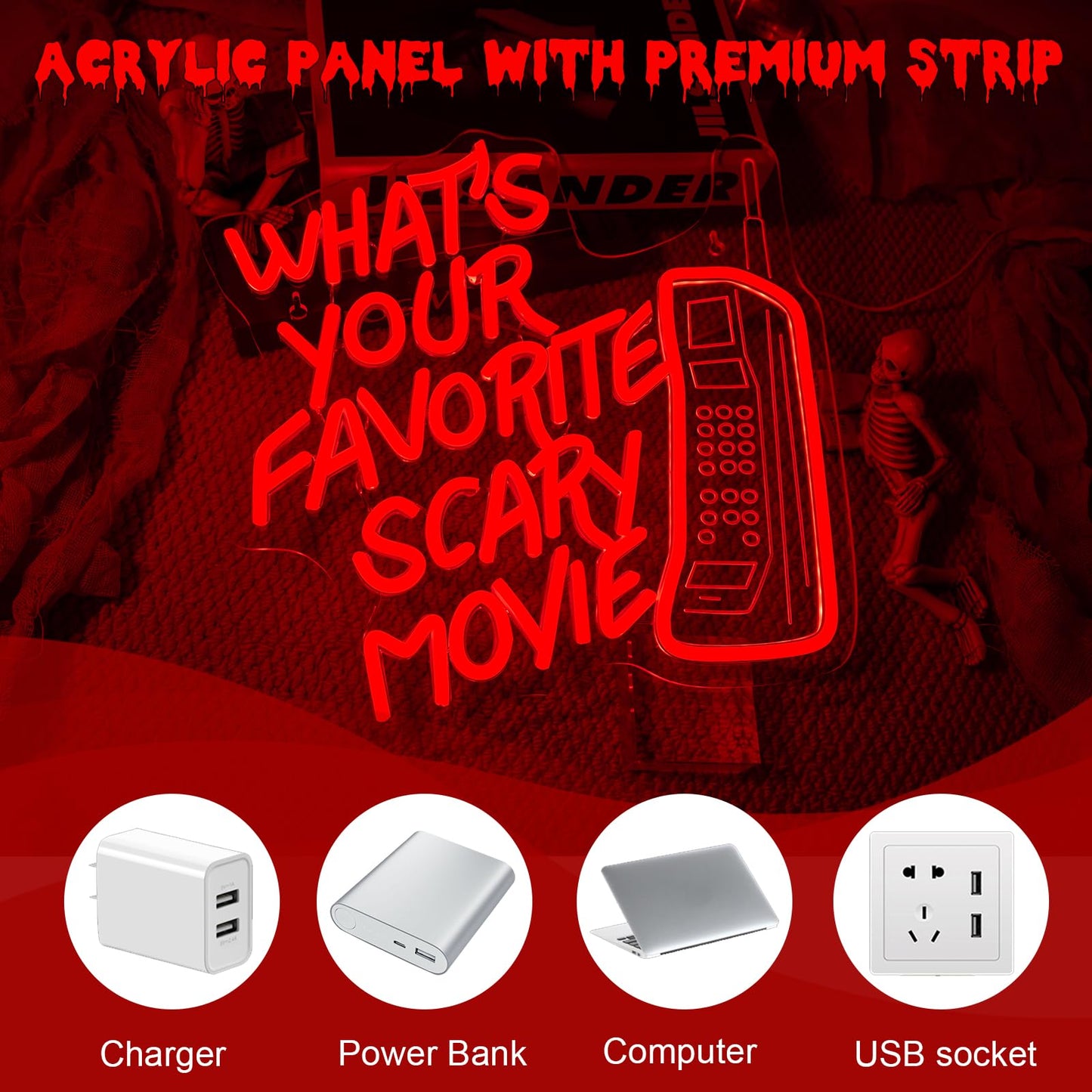 What’s Your Favorite Scary Movie Neon Sign – Red LED Wall Light with Retro Phone Design – Horror Movie Night & Halloween Party Décor