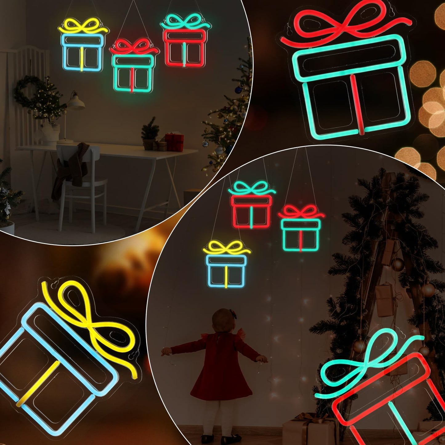 ROCEEI 3 Pcs Christmas Neon Sign, Neon Lights Gift Box LED USB Wall Bar Living Room Decor for Winter Party Holiday Night Bedroom Gifts
