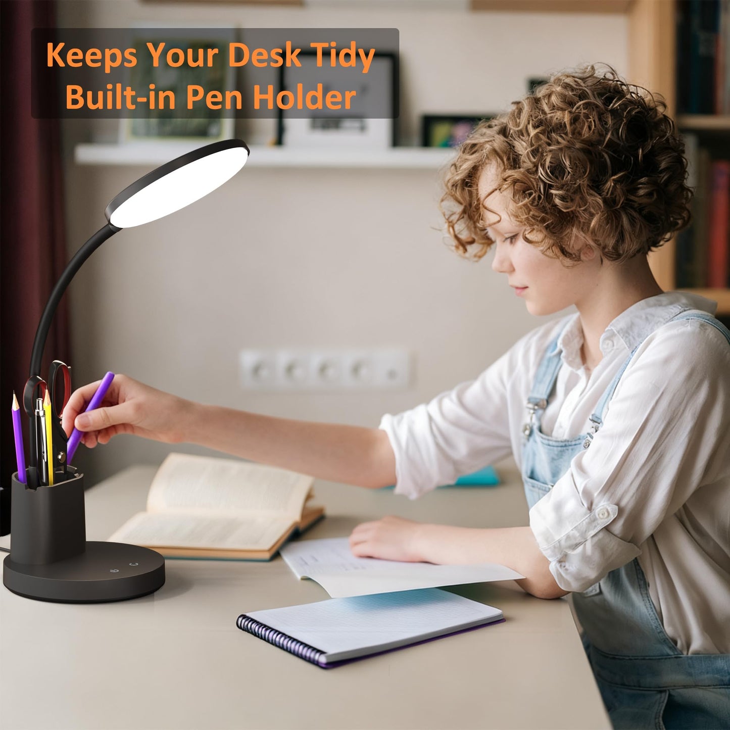 Vicsoon Desk Lamp, LED Desk Lamps for Home Office, Touch Table Lamp with 3 Color Modes 360° Adjustable Arm, Dimmable Desk Light with Pen Phone Holder for College Dorm, Black