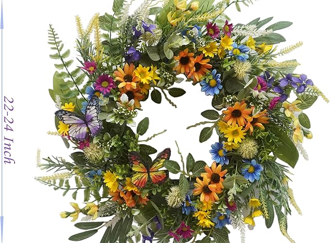 22 Inch Spring Summer Wreath for Front Door,Sunflower and Daisy with Eucalyptus Leaves,Mixed Flower,Fairy Lights,Artificial Wreath for Front Door Spring Outdoor Home Decor Easter Decor