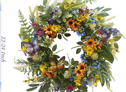 22 Inch Spring Summer Wreath for Front Door,Sunflower and Daisy with Eucalyptus Leaves,Mixed Flower,Fairy Lights,Artificial Wreath for Front Door Spring Outdoor Home Decor Easter Decor
