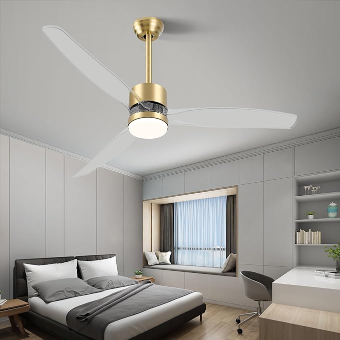 OKELI 52" Smart Ceiling Fan with Light, WiFi Enabled for Alexa & App Control, Reversible Gold Modern Ceiling Fan with Dimmable LED Light and Remote, Clear Blades for Living Room Bedroom