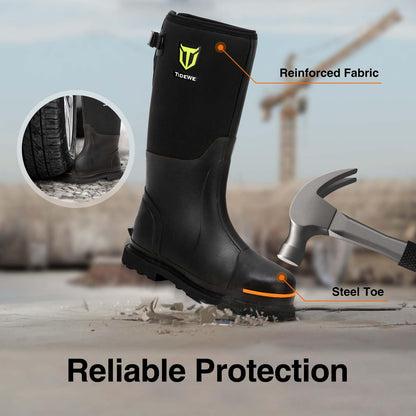 TIDEWE Rubber Work Boot for Men with Steel Toe & Shank, Waterproof Anti Slip Hunting Boot, 6mm Neoprene Hunting Boot for Manufacturing, Construction, Farming, Black, Size 12