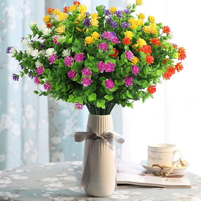 10 Bundles Artificial Flowers, Outdoor Gypsophila Baby's Breath Fake Flowers, UV Resistant Faux Greenery Shrubs Hanging Plants for Home Wedding Garden Porch Window Decoration (Round Leaves)