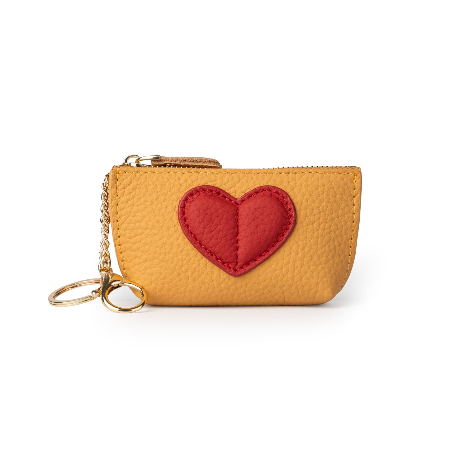 Doris&Jacky Cowhide Leather Coin Purse, Mini Zipper Card Holder With Cute Red Heart Design and Key Chain (Yellow)