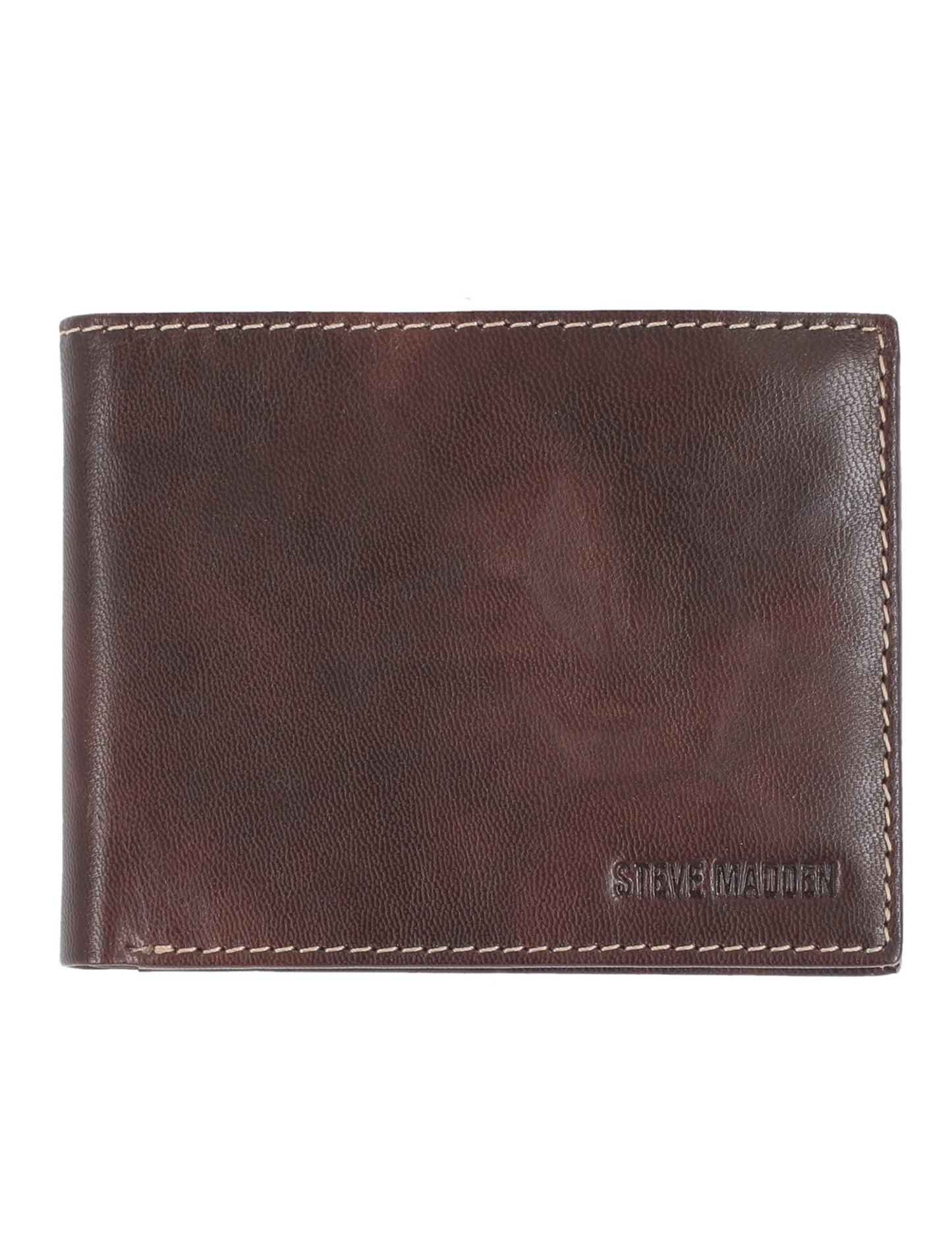 Steve Madden Men's Leather Wallet Extra Capacity Attached Flip Pockets, Brown/Antique, One Size