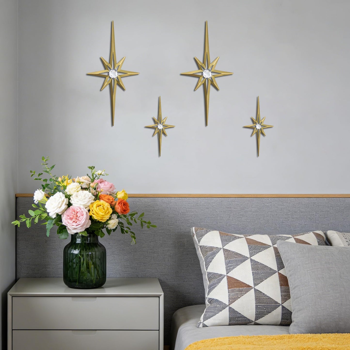 sxnzequnze 4 Pcs Star Wall Art for Home Decor Living Room Bedroom Office Metal 3D,Bling,with Hanging Hook Starburst Midcentury Sculpture Retro Gallery Accent Celestial -Gold 16.5in/9.4in
