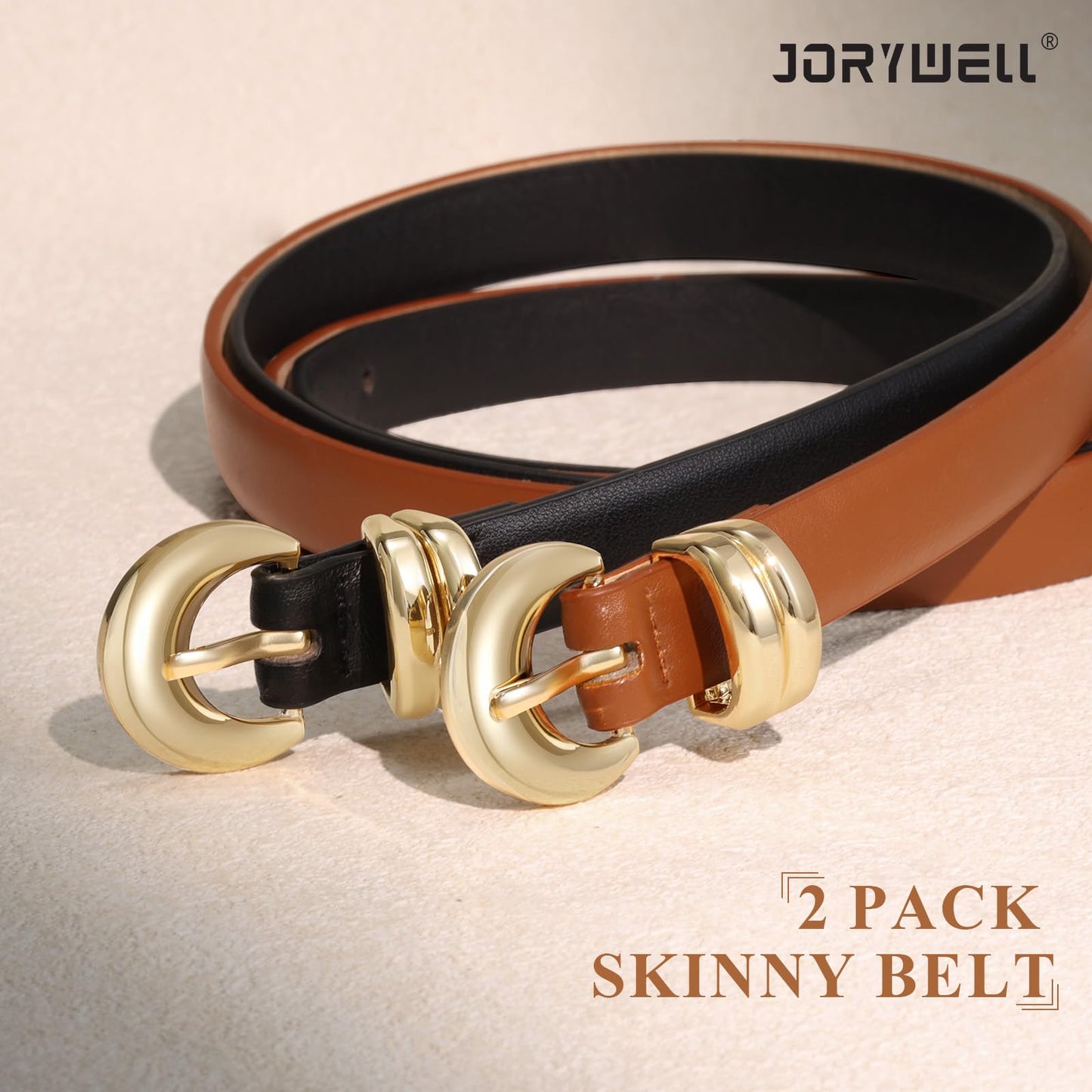 Jorywell 2 Pack Women Skinny Leather Belts for Jeans Dress Thin Waist Belt for Ladies with Gold Buckle 0.8’’ Width