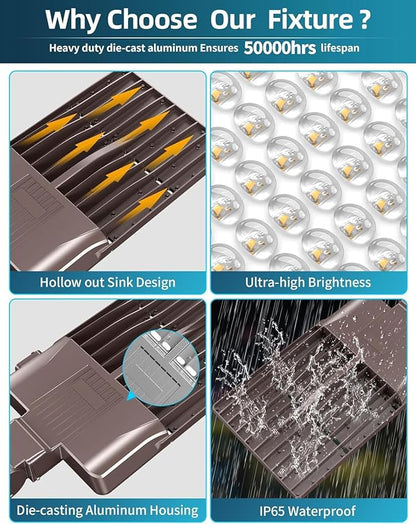 10PCS LED Parking Lot Lights 320W 250W 200W, LED Shoebox Light 5700K 5000K 4500K Arm&Slip Fit Mount, DLC Listed Outdoor Pole Light with Photocell, IP65 Commercial Street Area Flood Lighting 100-277V