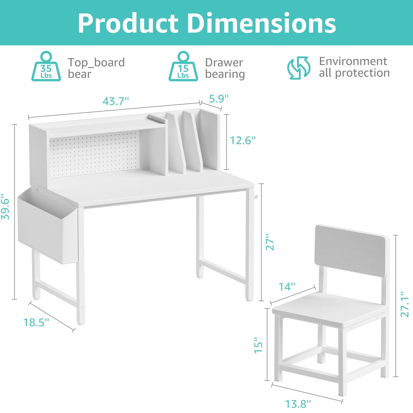 BOLUO Kids Desk and Chair Set for 6-12 Year Old, Children Study Desk with Hutch and Pegboard, Student Writing Table with Storage Shelf for Girls Boys