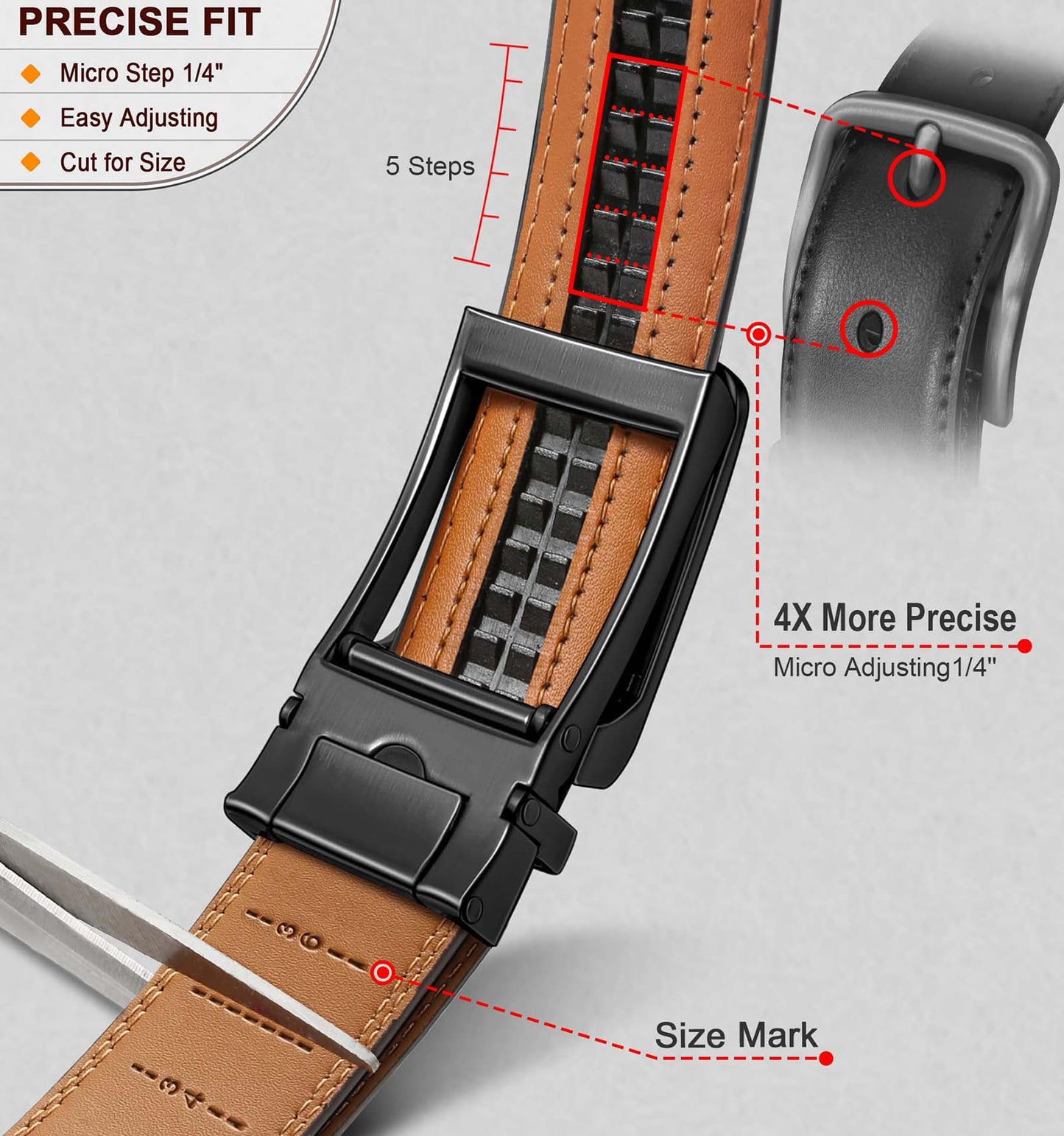 BULLIANT Men Ratchet Belt 2 Pack, Click Sliding Leather Belt Adjustable for Gift Men Dress Casual Jeans 1 3/8,Cut for Fit(Black/Tawny,32"-38" Waist Adjustable)
