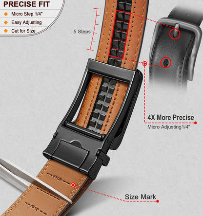BULLIANT Men Ratchet Belt 2 Pack, Click Sliding Leather Belt Adjustable for Gift Men Dress Casual Jeans 1 3/8,Cut for Fit(Black/Tawny,32"-38" Waist Adjustable)