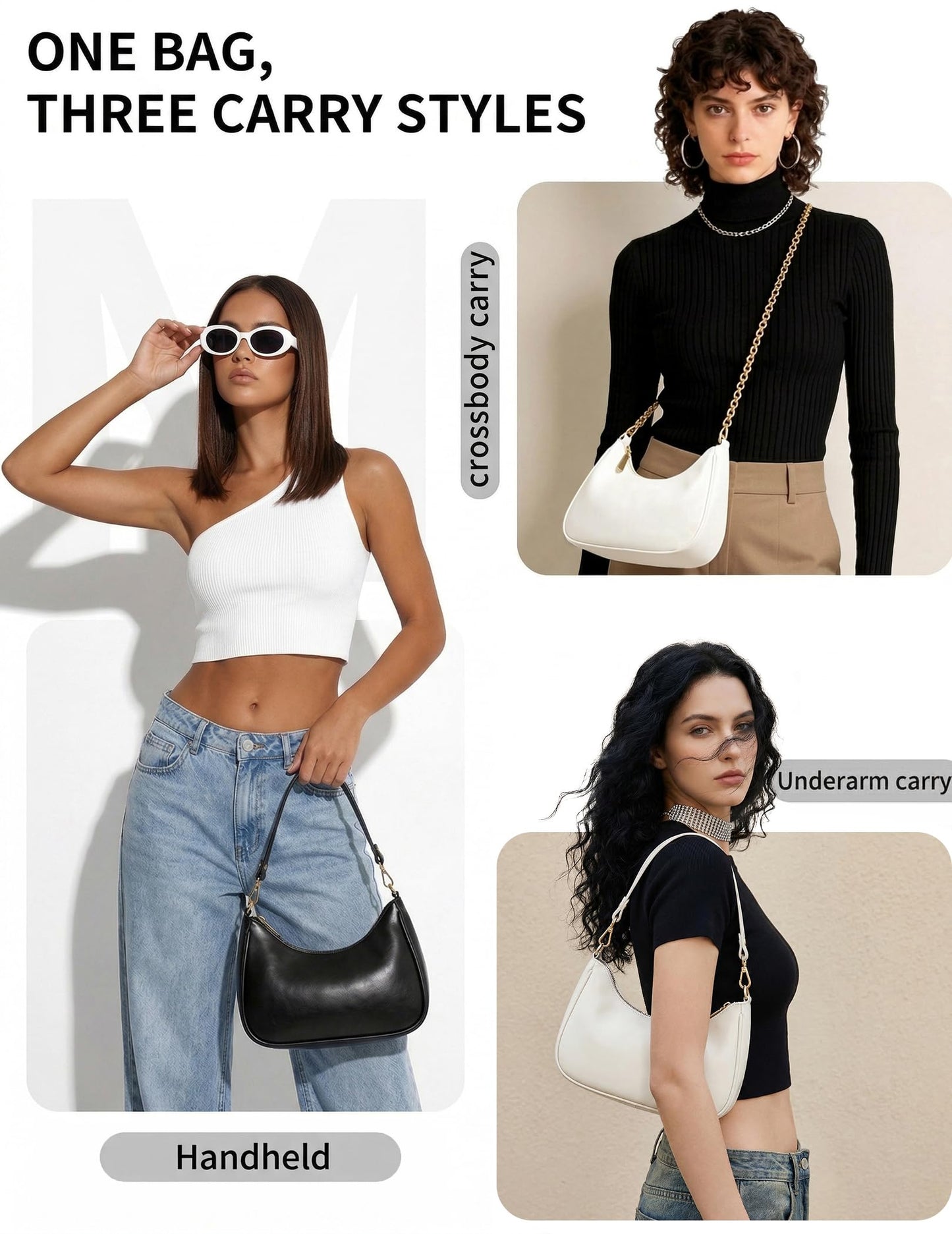 Mivorica Small Shoulder Bag for Women - Trendy mini Crescent Purse & Handbag with Detachable Chain Strap - Cute Mini Hobo Clutch for Travel & Party, Classic Black Faux Leather