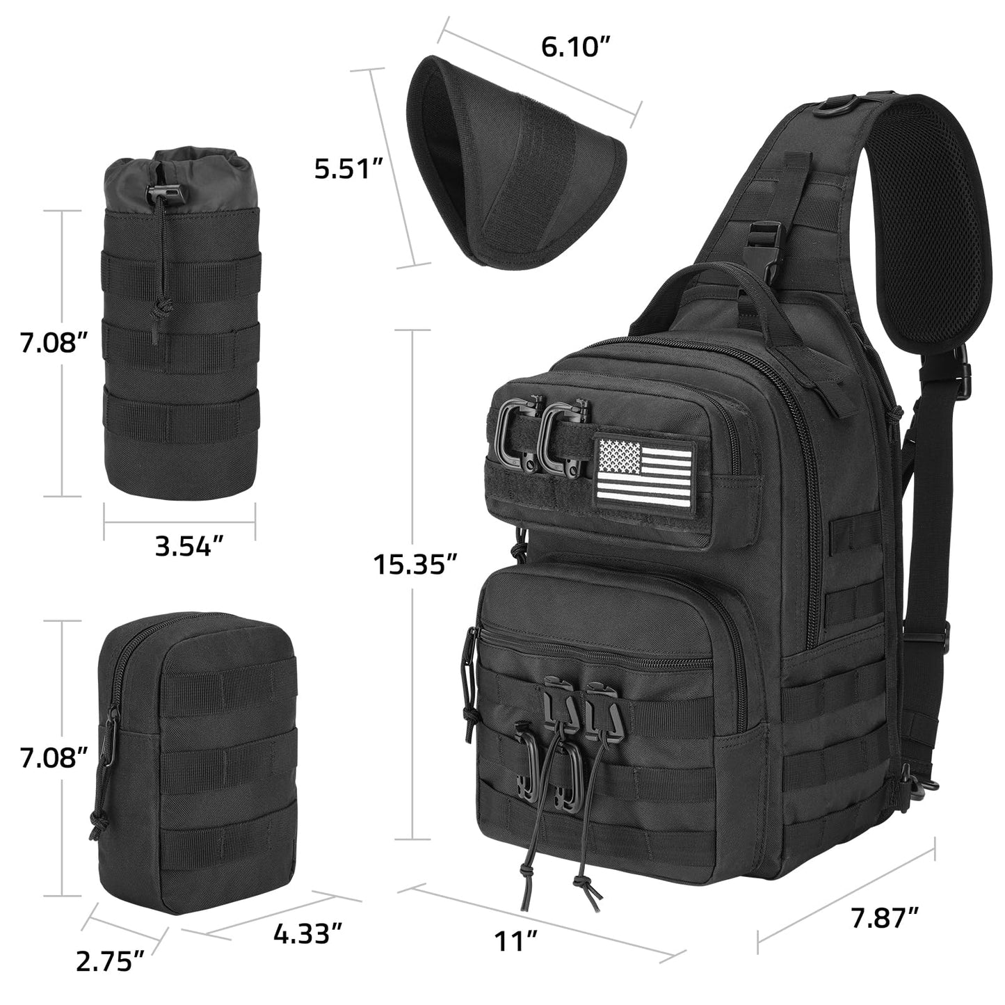 CVLIFE Tactical Sling Bag Backpack for Men Military Shoulder Sling Bag Molle Detachable Tactical Bag with Bottle Holder Hidden Pocket Daily Day Pack Work Bag for EDC Hiking, Black