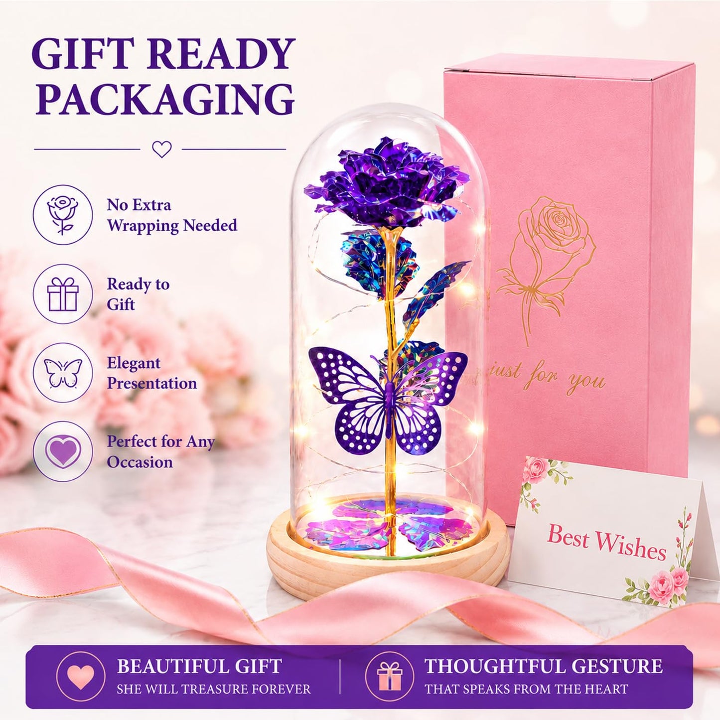QUNPON Mothers Day Rose Gifts for Mom Flowers Rose Gifts for Women,Birthday Gifts for Women,Purple Butterfly Flowers for Mother Day Flower Gifts from Daughter Son,Gift for Mom,Sister,Her,Grandma,Wife