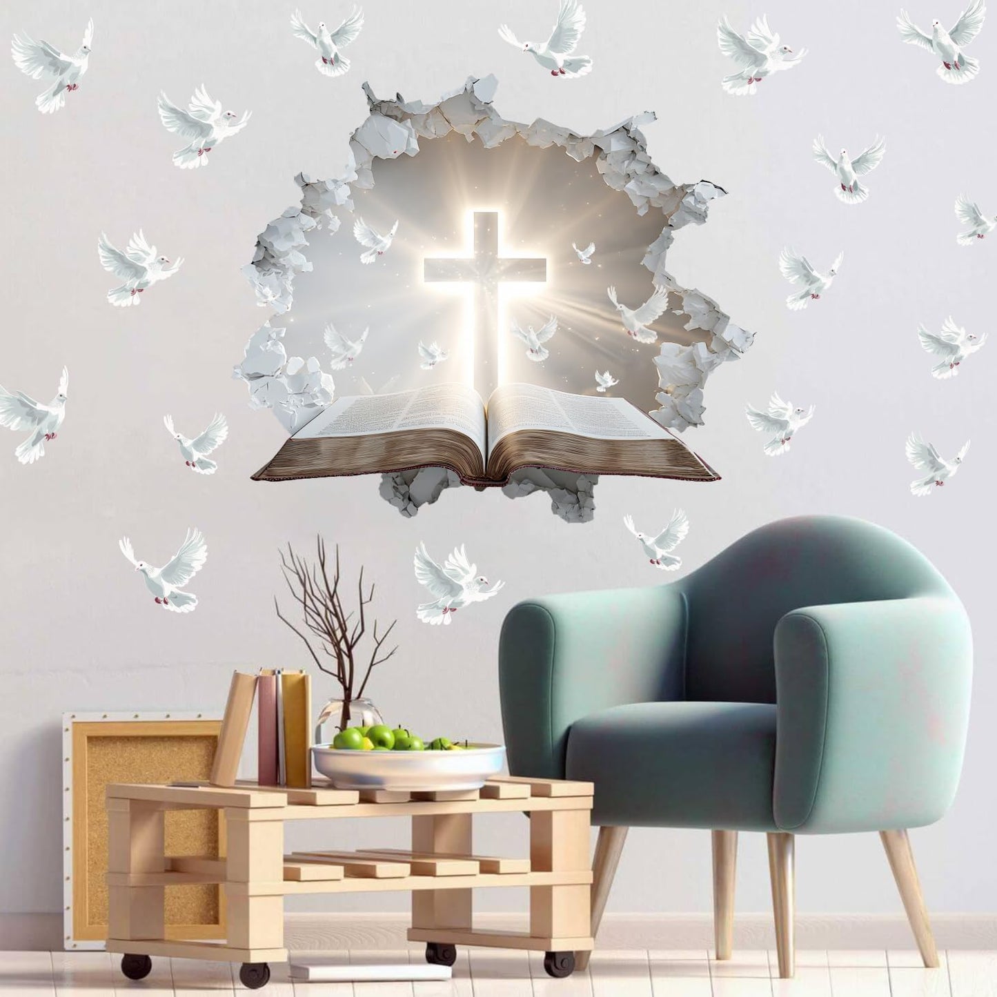 YIMEHDAN 3D Holy Cross Wall Decal, Bible and Pigeon Vinyl Wall Stickers, Removable Blessed Cross Artwork for Christian Religious Prayer Bedroom Living Room Christmas Decor