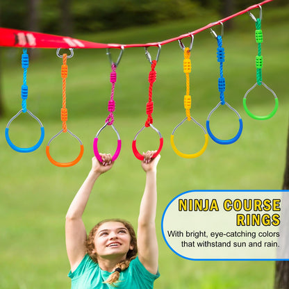 VECKYJL Ninja Warrior Obstacle Course Attachments - 7 Monkey Rings, 2 Monkey Bars, 2 Ninja Wheel, Backyard Obstacle Course Set Accessories for Backyard Outdoor Training