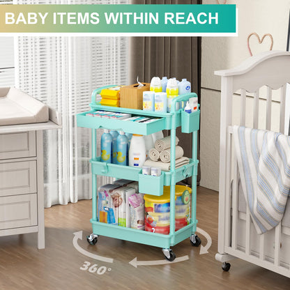 Goovilla 3 Tier Rolling Utility Cart Organizer with Removable Drawer, Stable and Sturdy Black Rolling Storage Carts with 2 Lockable Wheels for Bathroom, Kitchen, Snack, Craft, Makeup, Baby Essentials