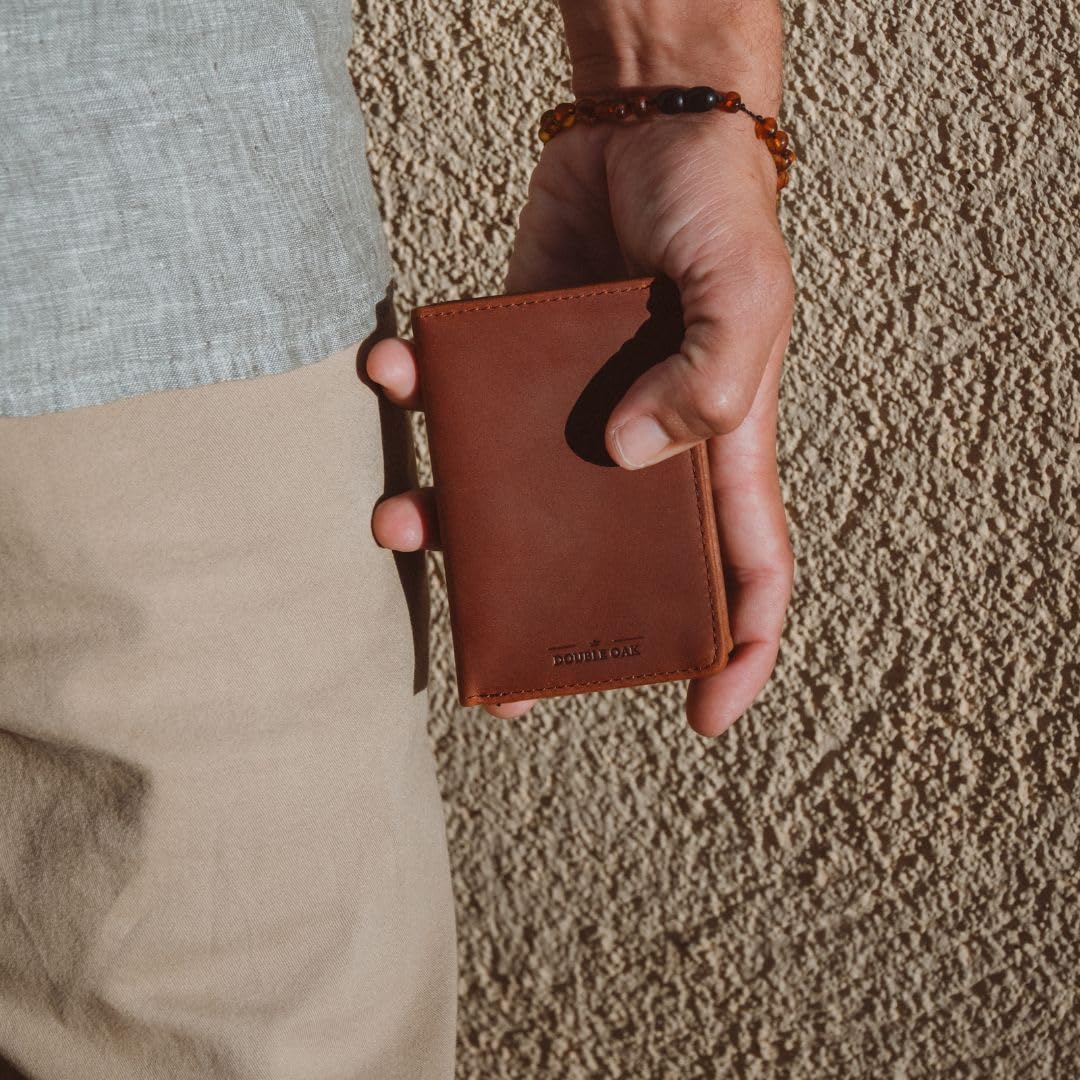 Double Oak Essentials Pop-Up Cardholder - RFID Blocking Minimalist Leather Wallet for Men - Slim Design, Top-Grain Leather, Holds Cards & Cash (Brown w/Gold Cardholder)