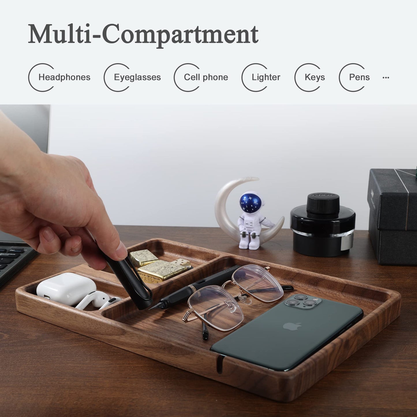 SEEDWAVE Walnut Wooden Valet Tray – Bedside Table Organizer for Men Dad, Edc Catch All Tray with Cable Slot (11.4 x 7.9 x 0.8 Inch)